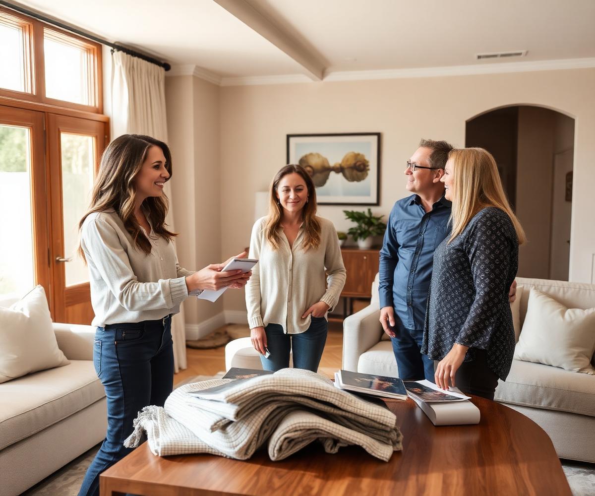 Interior designer consulting with homeowners in a furnished living space
