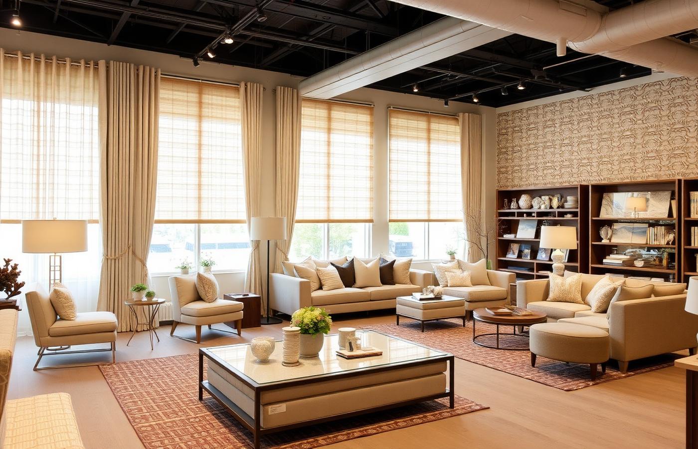 Furnishing showroom displaying curtains, blinds, wallpapers, furniture and carpets